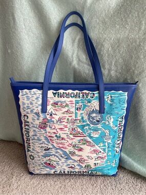 Talbots California State Map Print Graphic Medium Size Blue Pink Tote Bag Purse